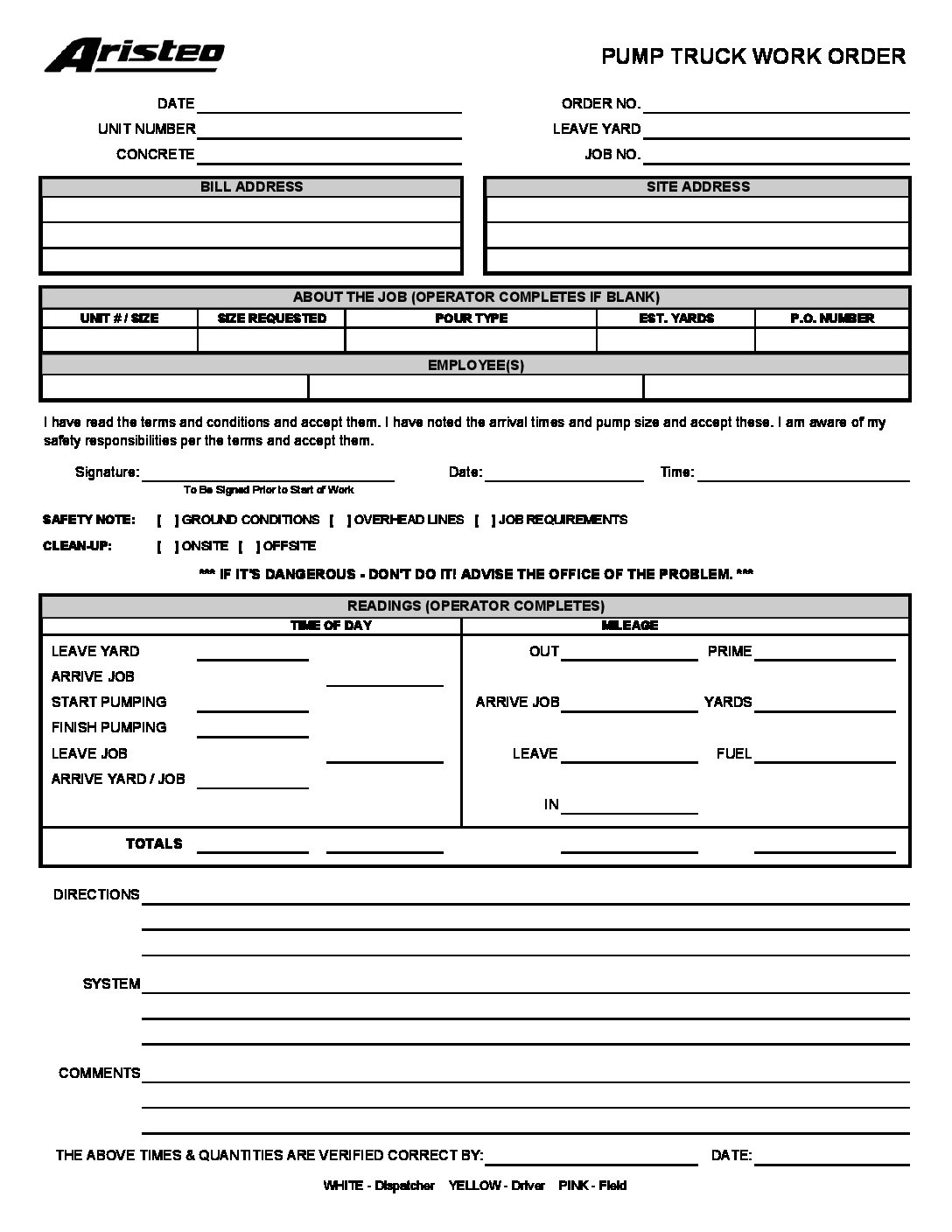 Pump Truck Order Form